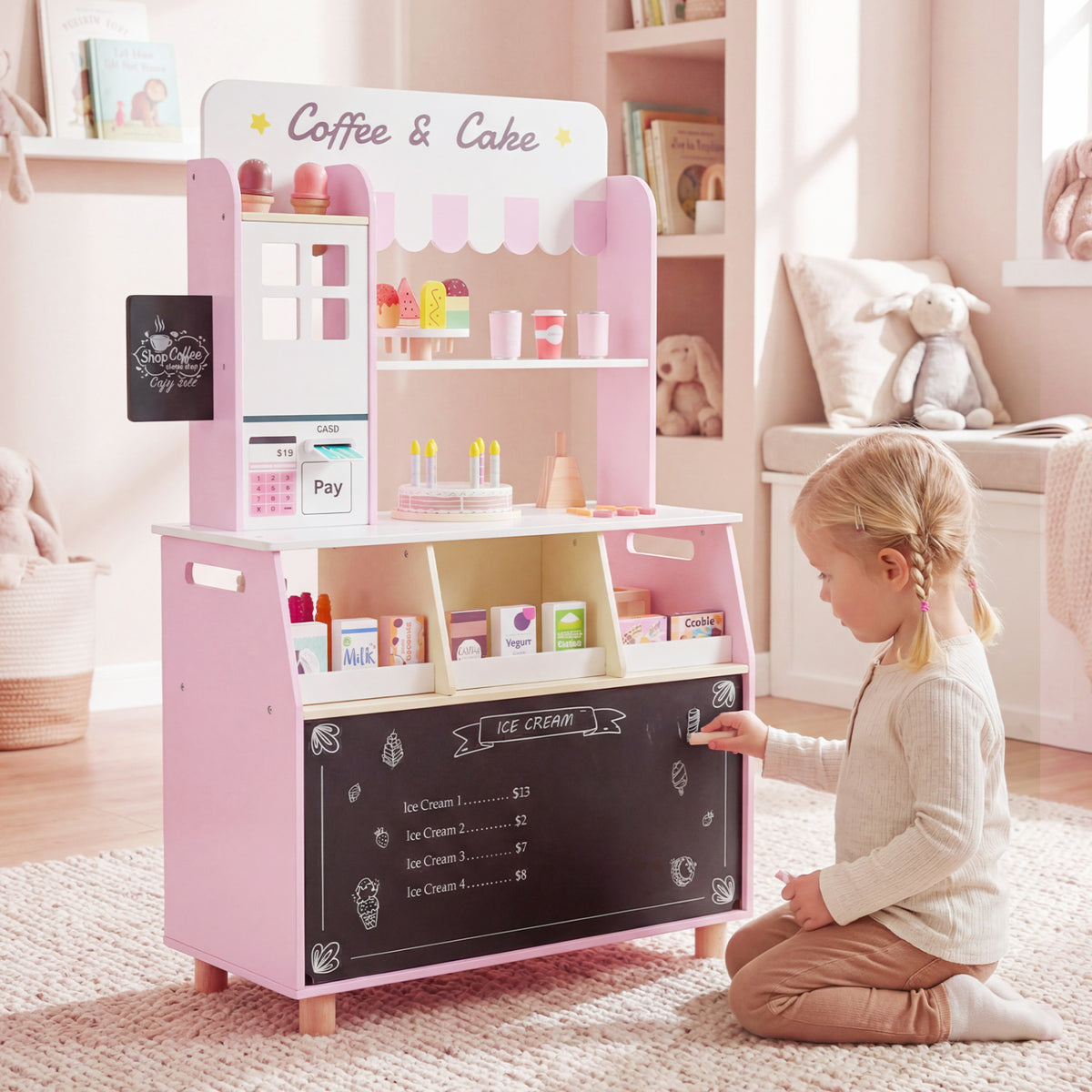 Kids Ice Cream Shop with 27 Accessories and Ice Cream Machine for Ages 3+-Pink