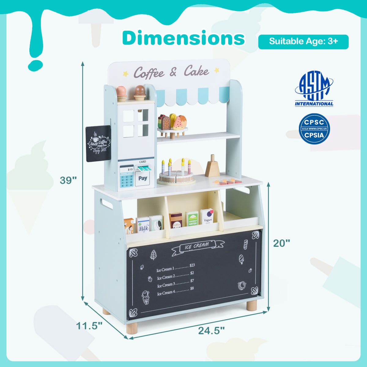 Kids Ice Cream Shop with 27 Accessories and Ice Cream Machine for Ages 3+-Blue