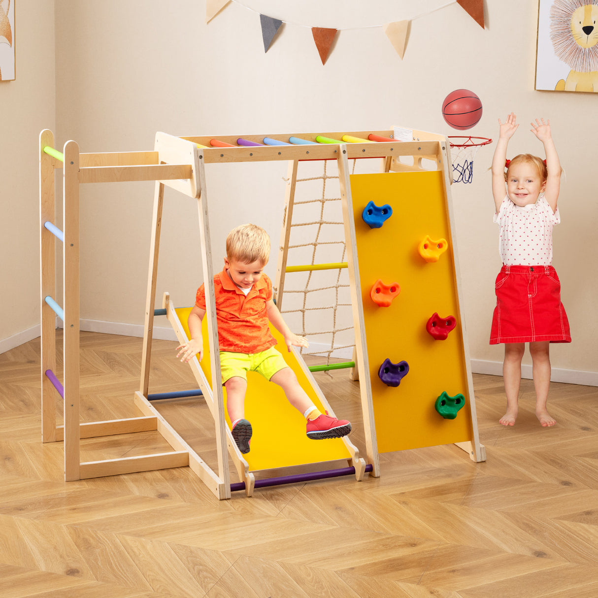 Kids Indoor Playground 6-in-1 Jungle Gym for 3-14 Years Olds-Rainbow