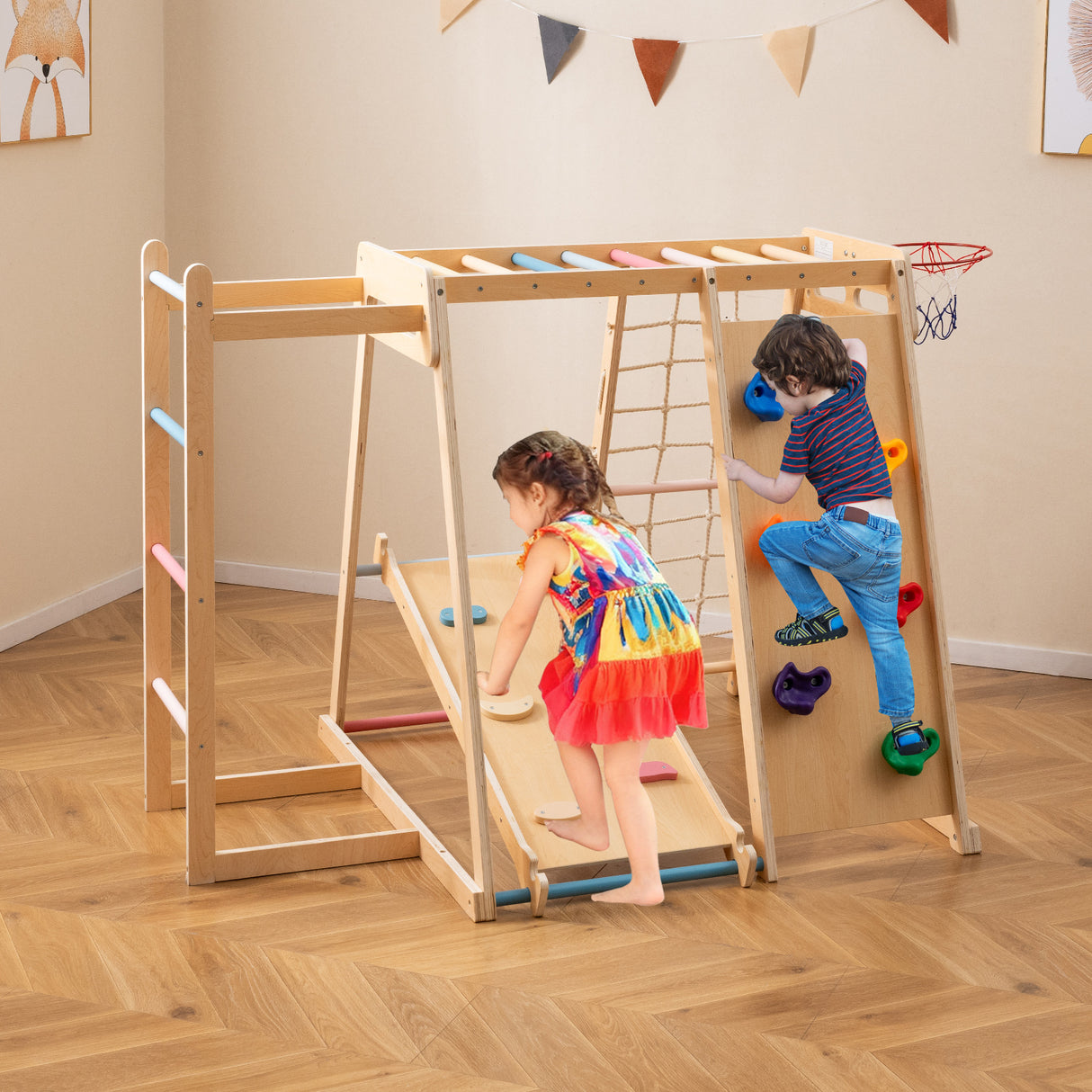 Kids Indoor Playground 6-in-1 Jungle Gym for 3-14 Years Olds-Macaron