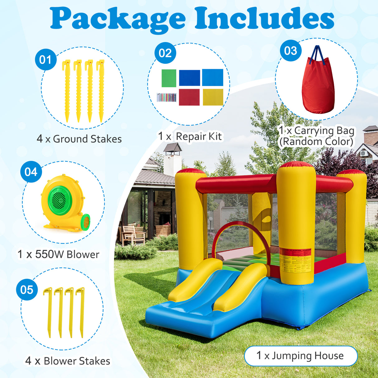 Kids Inflatable Bounce House with Slide and 550W blower