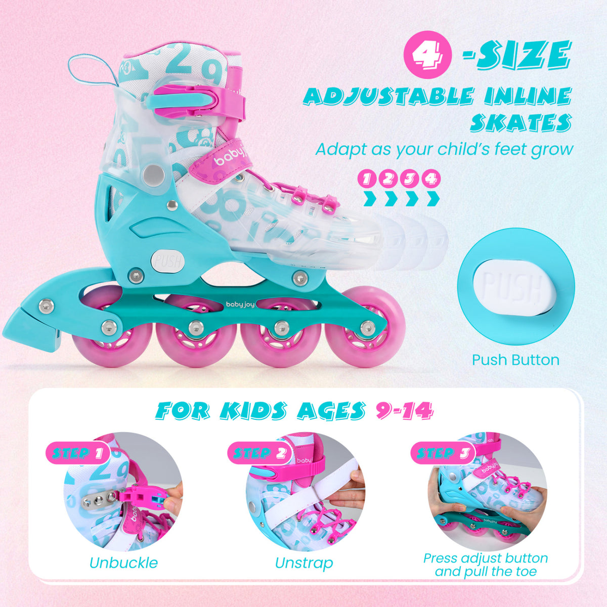 Kids Inline Skates with Light Up Wheels for Beginners Ages 9-14-Pink and Blue
