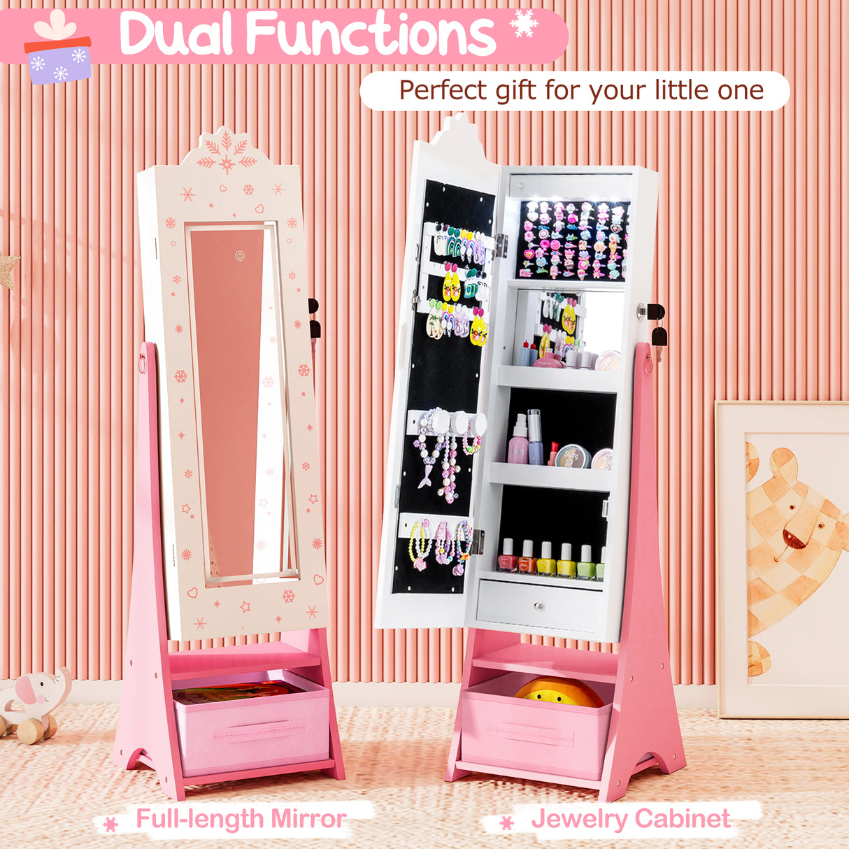 Kids Jewelry Armoire Freestanding Jewelry Cabinet with 3-Color Lighted Full Length Mirror-White