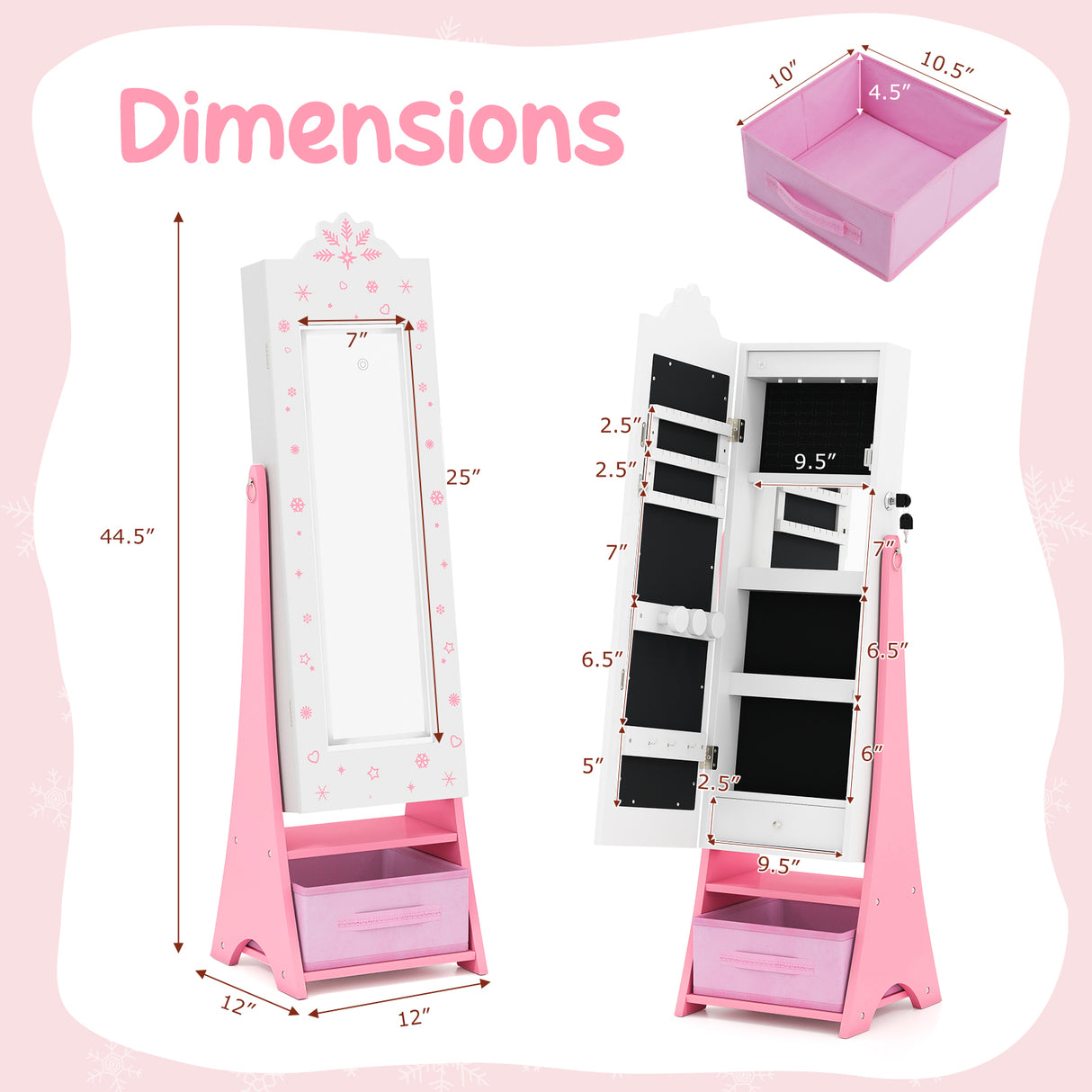 Kids Jewelry Armoire Freestanding Jewelry Cabinet with 3-Color Lighted Full Length Mirror-White