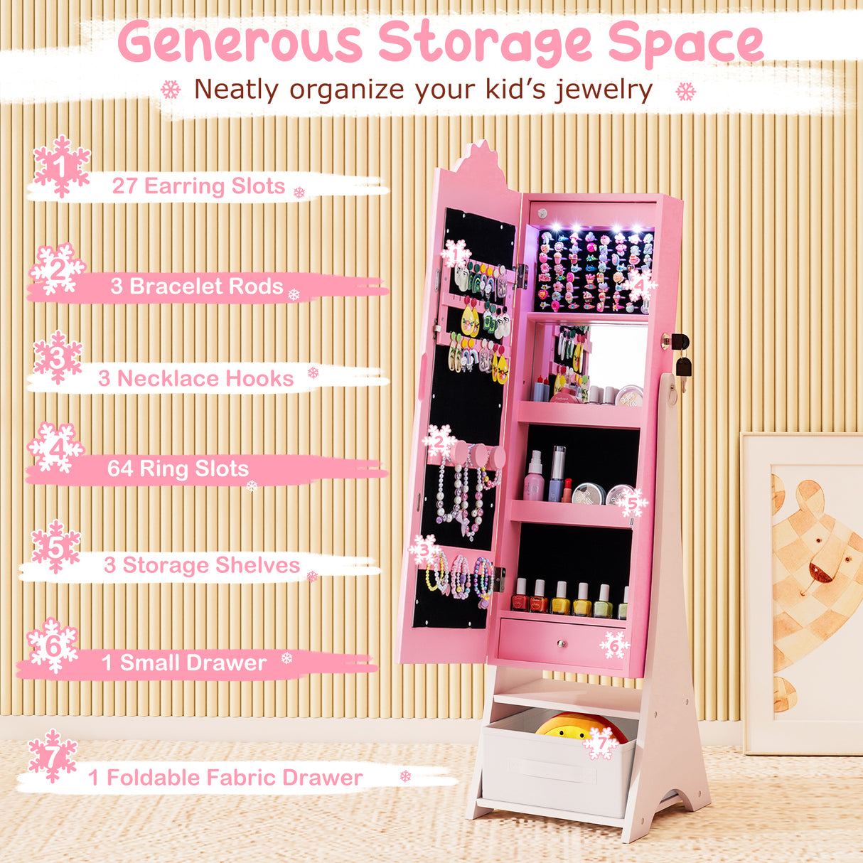 Kids Jewelry Armoire Freestanding Jewelry Cabinet with 3-Color Lighted Full Length Mirror-Pink