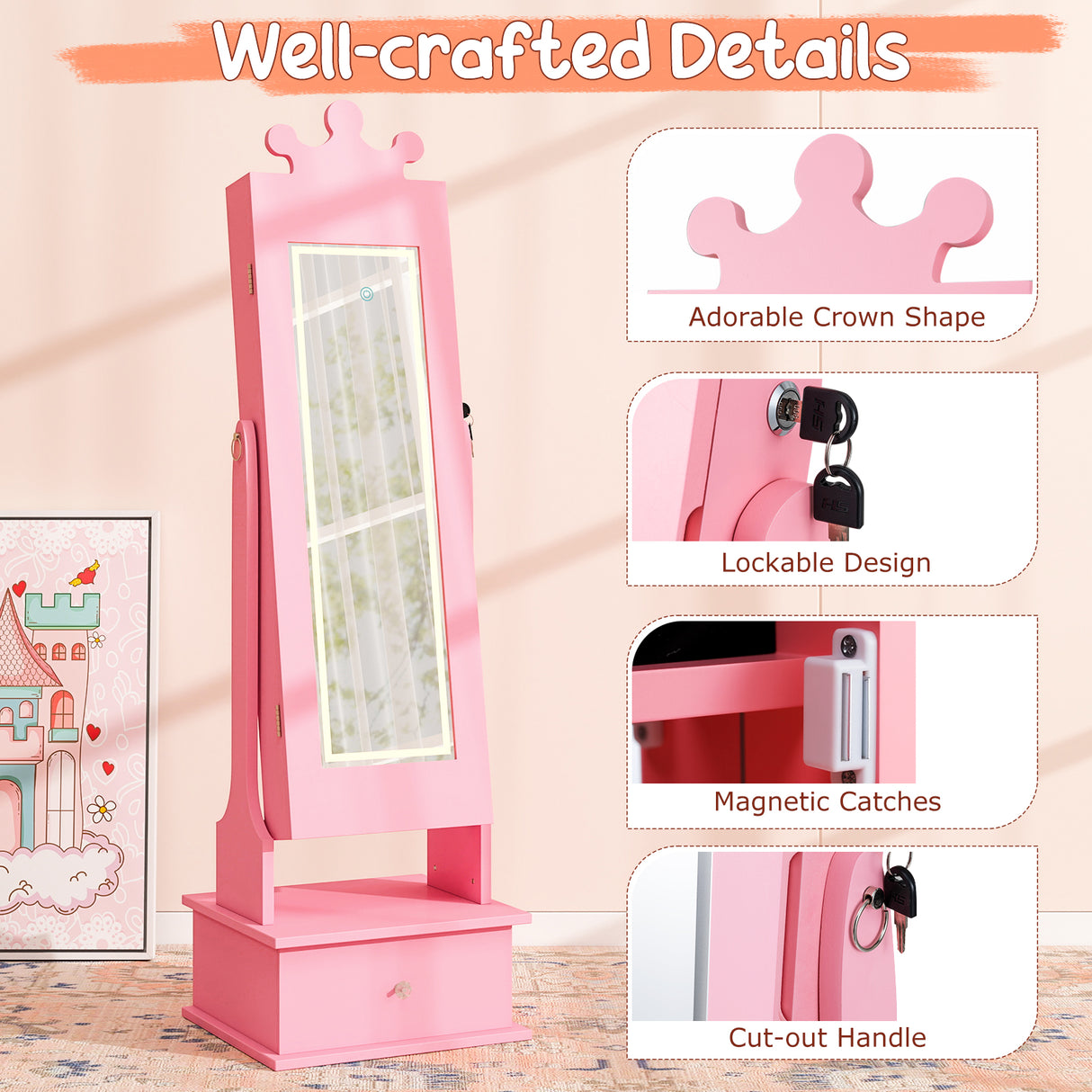 Kids Jewelry Armoire with 3-Color Lighted Full Length Mirror and Inside Led Lights-Pink