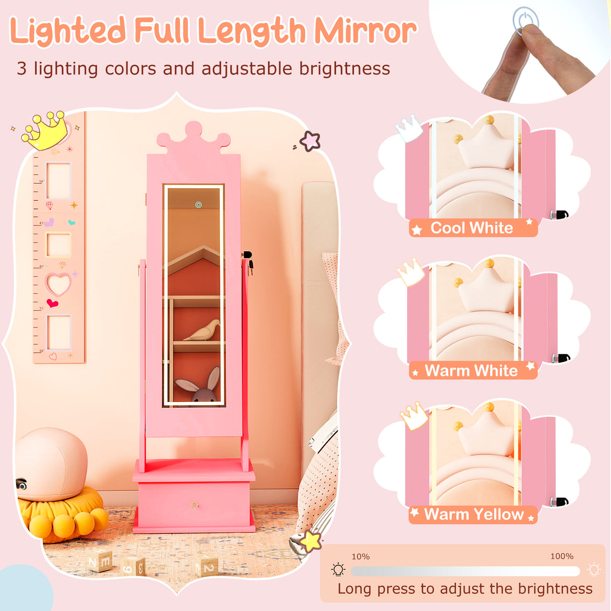 Kids Jewelry Armoire with 3-Color Lighted Full Length Mirror and Inside Led Lights-Pink