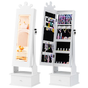 Kids Jewelry Armoire with 3-Color Lighted Full Length Mirror and Inside Led Lights-White