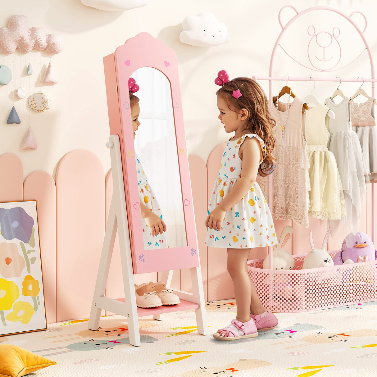 Kids Jewelry Organizer with Full Length Mirror Drawers and Storage Shelves-Pink