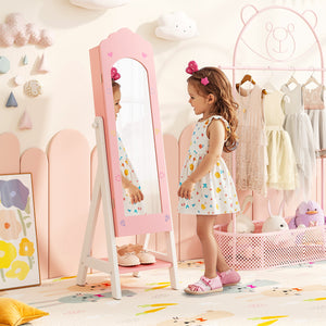 Kids Jewelry Organizer with Full Length Mirror Drawers and Storage Shelves-Pink