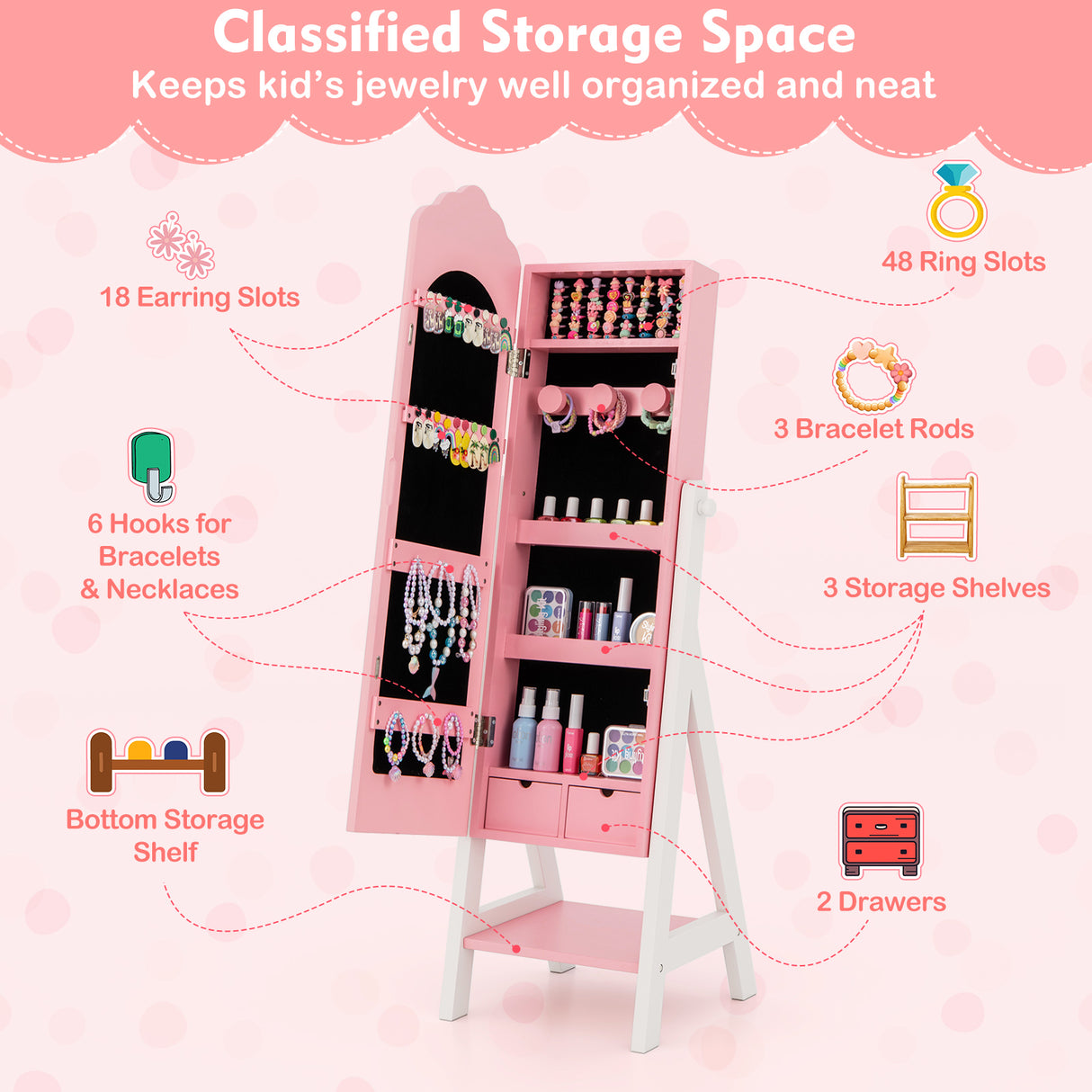 Kids Jewelry Organizer with Full Length Mirror Drawers and Storage Shelves-Pink