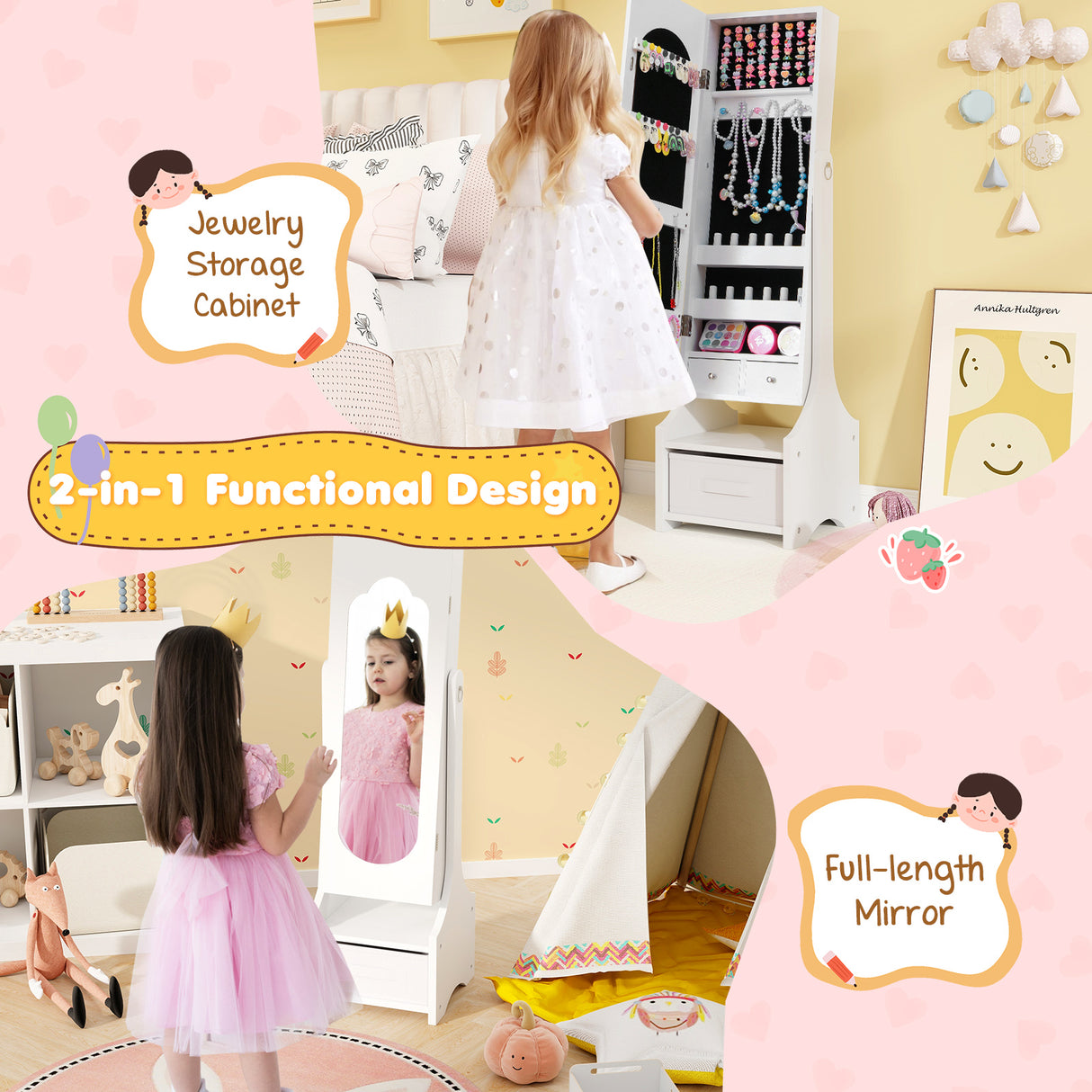 Freestanding Kids Jewelry Armoire Cabinet with Storage and 2 Tilt Angles-White