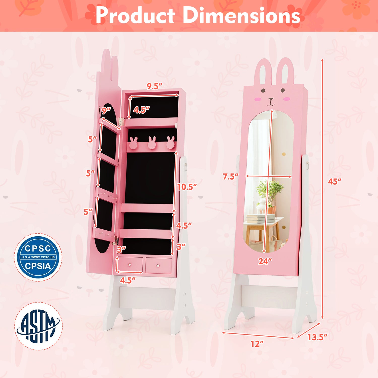 Kids Jewelry Armoire Cabinet with 2 Tilt Angles and Large Capacity-Pink