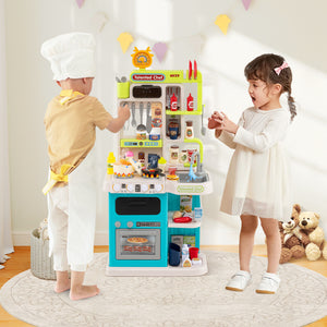 Kids Kitchen Playset Pretend Play Kitchen with Realistic Sounds and Lights-Blue