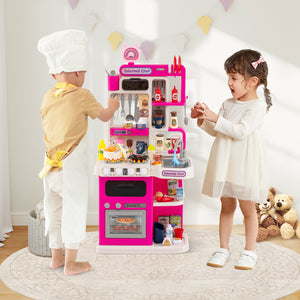 Kids Kitchen Playset Pretend Play Kitchen with Realistic Sounds and Lights-Pink
