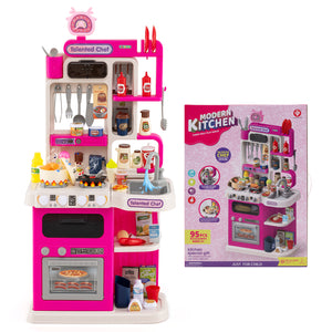Kids Kitchen Playset Pretend Play Kitchen with Realistic Sounds and Lights-Pink