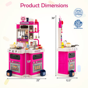 Kids Kitchen Playset Corner Play Kitchen with Realistic Sounds and Lights-Pink