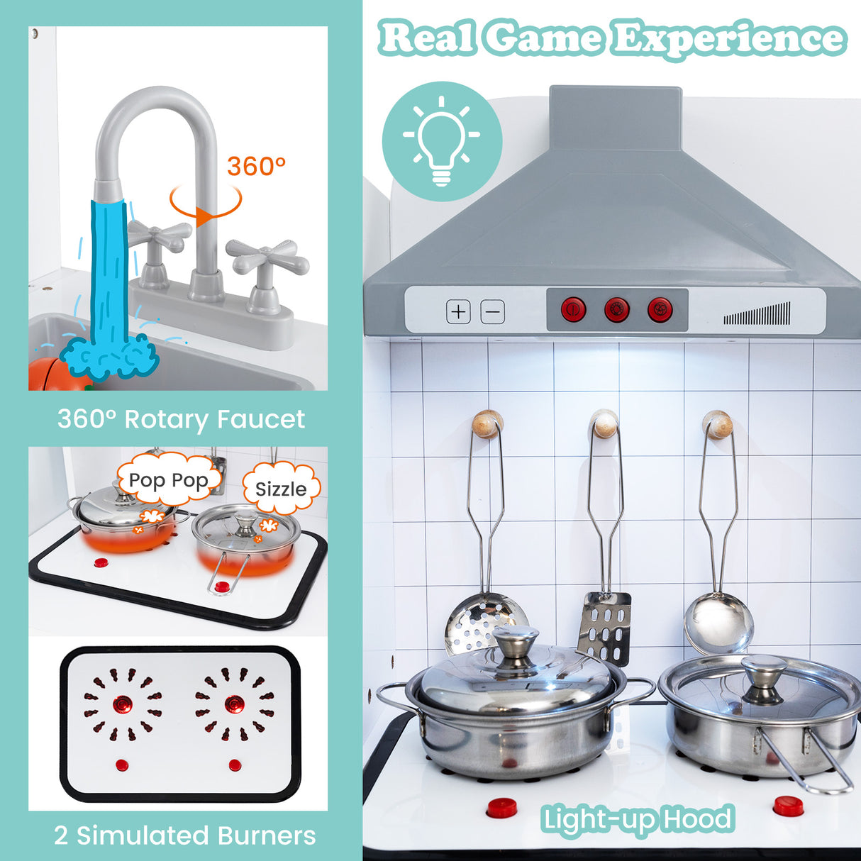 Kids Kitchen Playset 3-in-1 with Refrigerator and Washing Machine-Gray