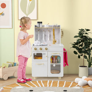 Kids Kitchen Set Pretend Play Kitchen with Stoves Faucet Sink Telephone Microwave and Oven-White