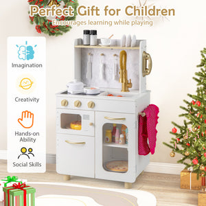 Kids Kitchen Set Pretend Play Kitchen with Stoves Faucet Sink Telephone Microwave and Oven-White