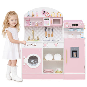 Kids Kitchen Set Wooden with Coffee Makers and Accessories-Pink