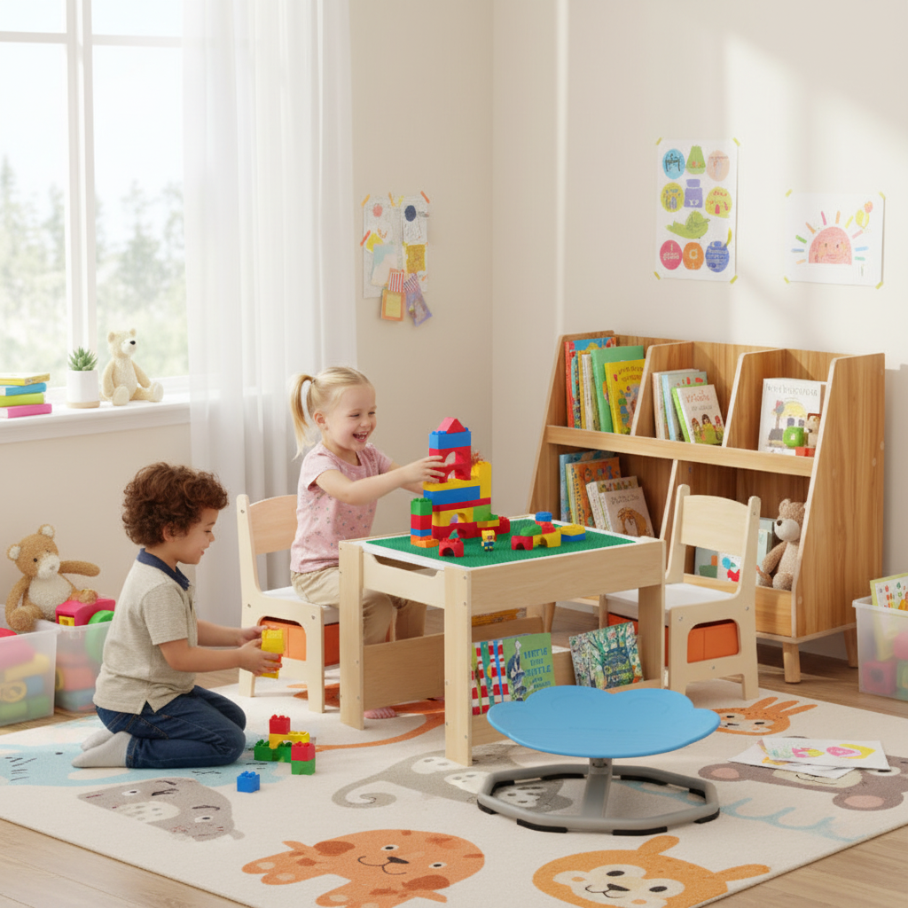 Kids Learning & Play Essentials Bundle  ” Bookshelf + 4-in-1 Activity Table Set + 360 ° Swivel Chair