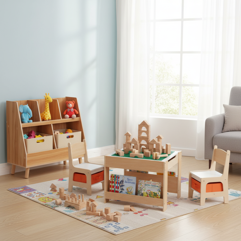 Kids Learning & Play Essentials Bundle  ” Bookshelf + 4-in-1 Activity Table Set + 360 ° Swivel Chair