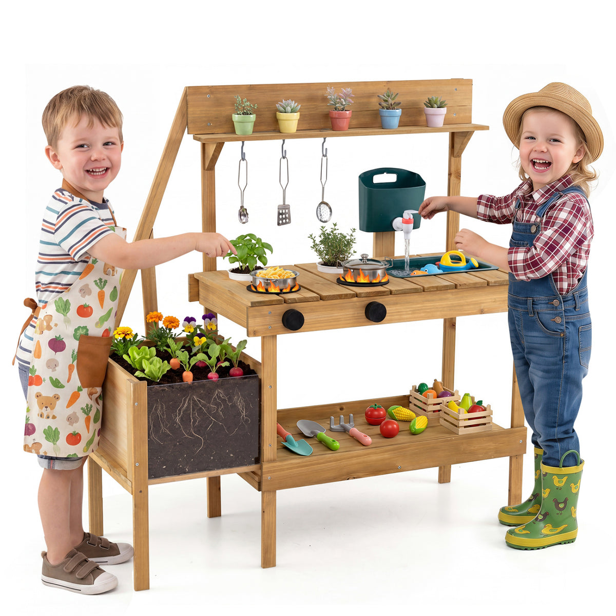 Kids Mud Kitchen Wooden Play Kitchen with Planter Box-Natural
