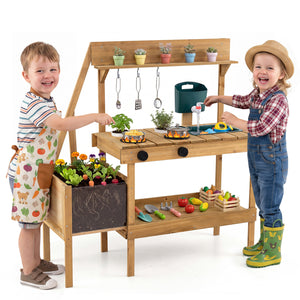 Kids Mud Kitchen Wooden Play Kitchen with Planter Box-Natural