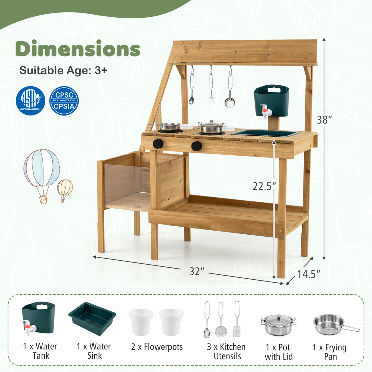 Kids Mud Kitchen Wooden Play Kitchen with Planter Box-Natural