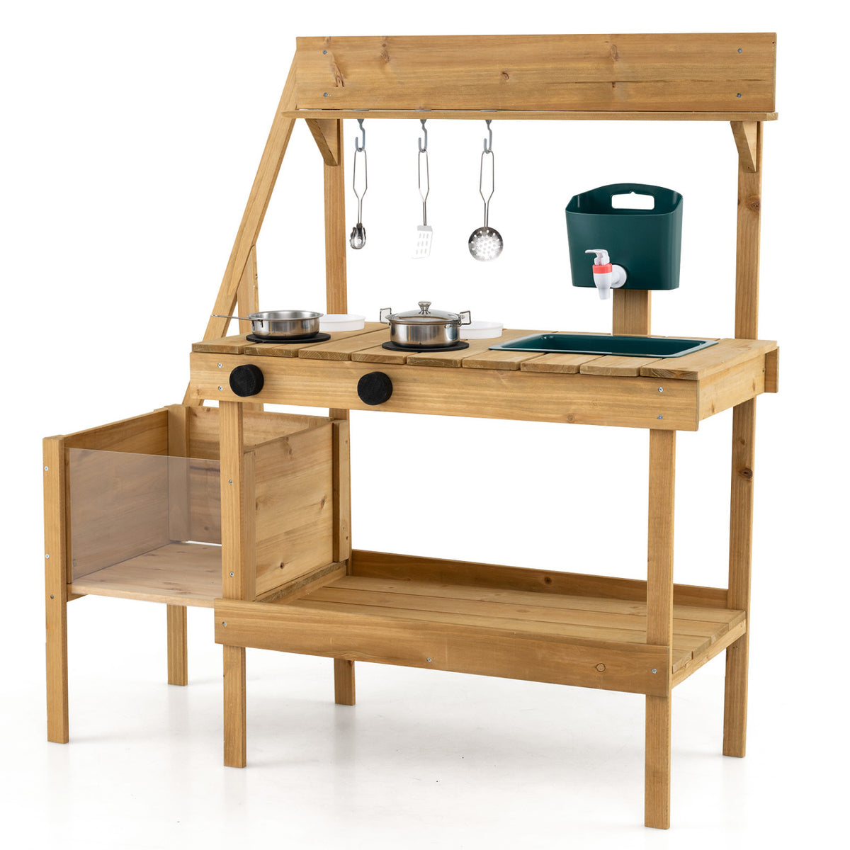 Kids Mud Kitchen Wooden Play Kitchen with Planter Box-Natural