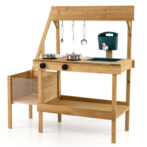Kids Mud Kitchen Wooden Play Kitchen with Planter Box-Natural