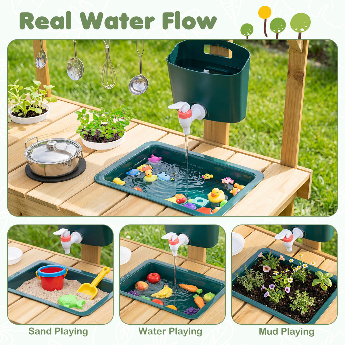 Kids Mud Kitchen Wooden Play Kitchen with Planter Box-Natural