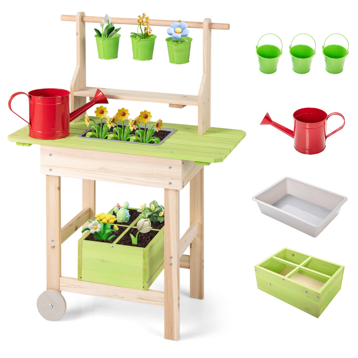 Kids Mud Kitchen with Removable Pots  Watering Can Planting Trough and Storage Box-Natrual