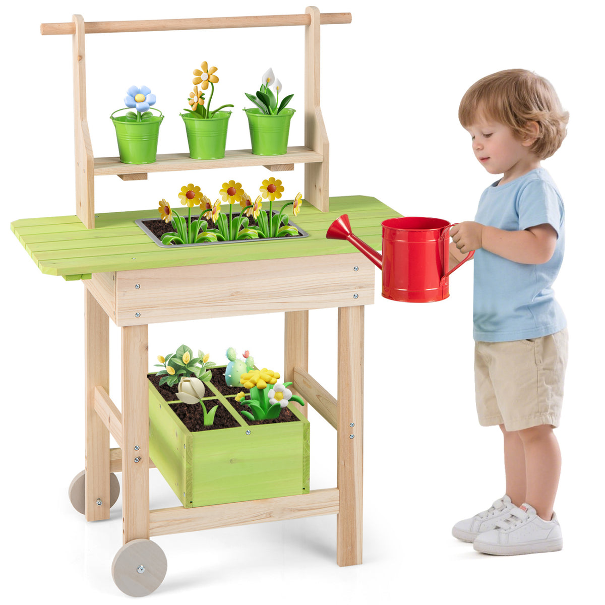 Kids Mud Kitchen with Removable Pots  Watering Can Planting Trough and Storage Box-Natrual