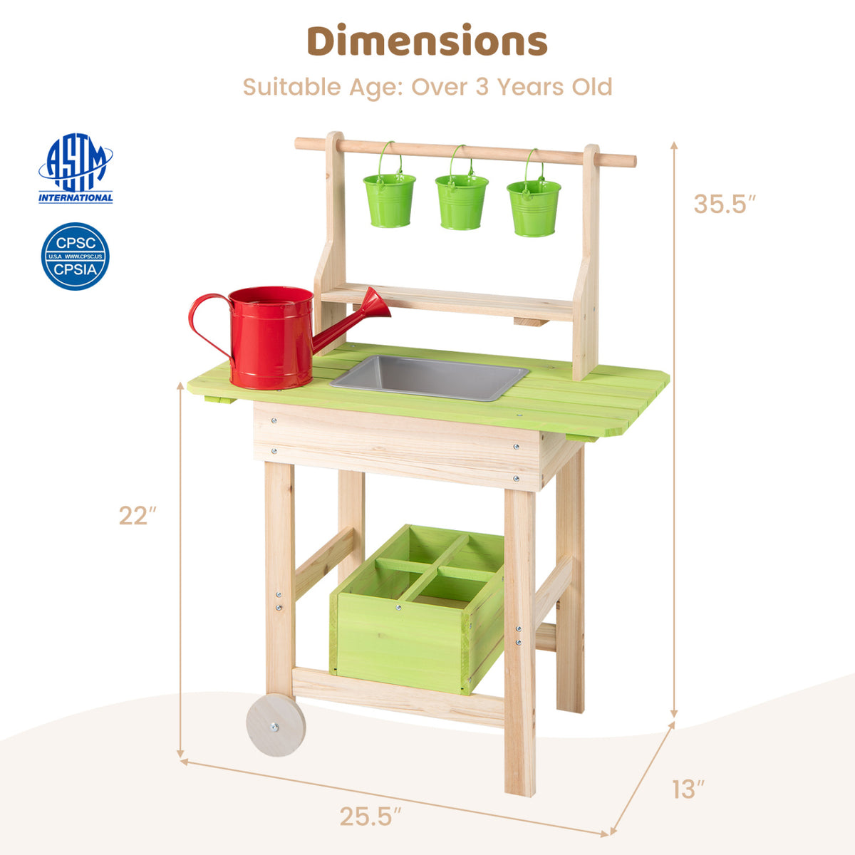 Kids Mud Kitchen with Removable Pots  Watering Can Planting Trough and Storage Box-Natrual