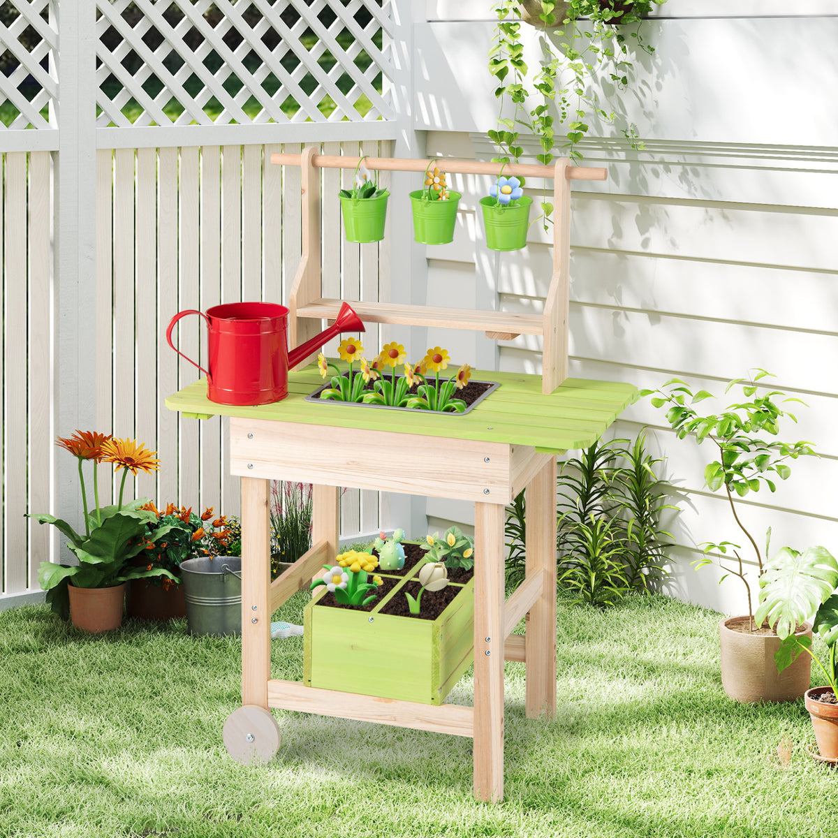 Kids Mud Kitchen with Removable Pots  Watering Can Planting Trough and Storage Box-Natrual