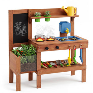 Kids Mud Kitchen with Planter Box and Sink and 13 Accessories for Ages 3+-Natural