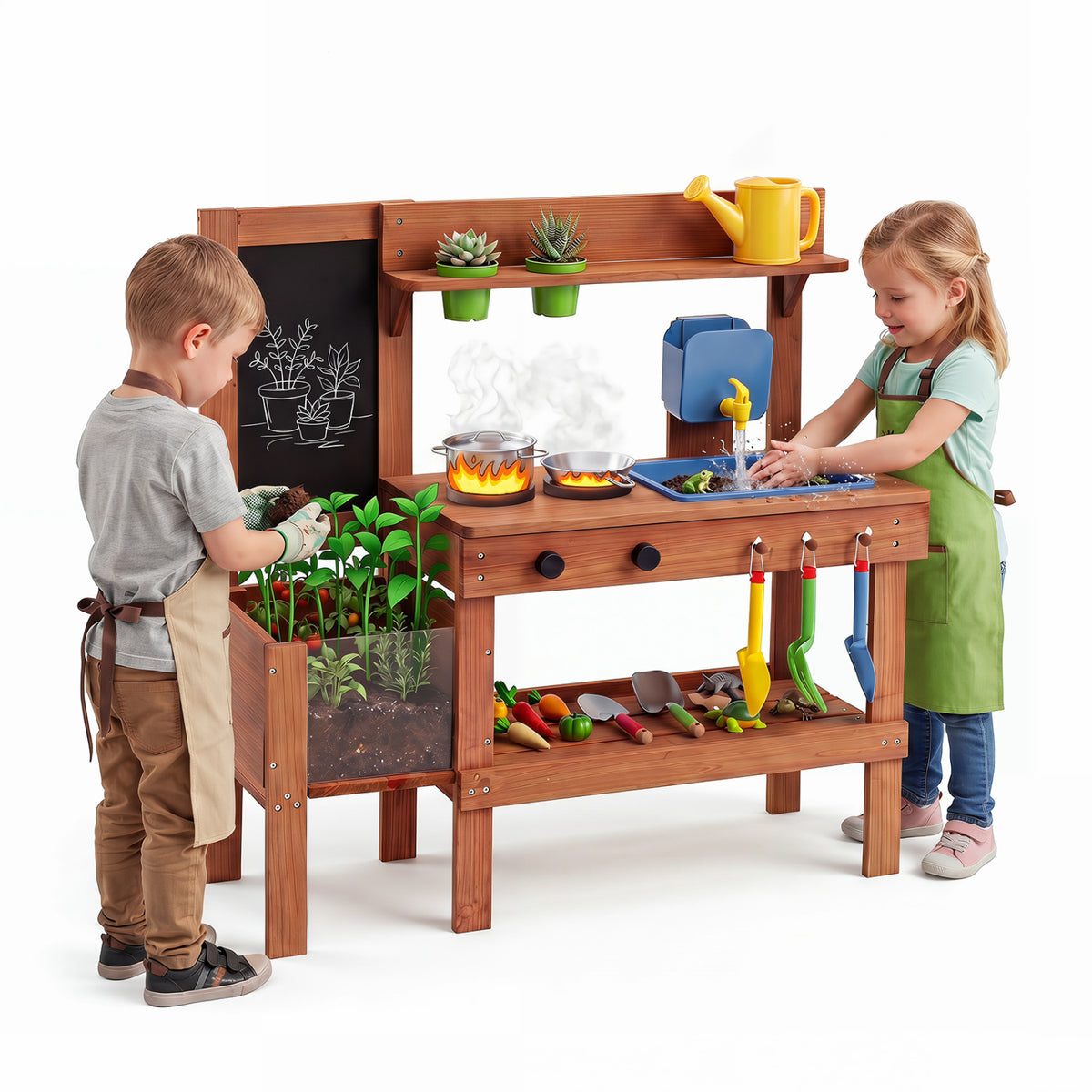 Kids Mud Kitchen with Planter Box and Sink and 13 Accessories for Ages 3+-Natural