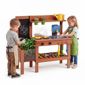 Kids Mud Kitchen with Planter Box and Sink and 13 Accessories for Ages 3+-Natural