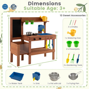 Kids Mud Kitchen with Planter Box and Sink and 13 Accessories for Ages 3+-Natural