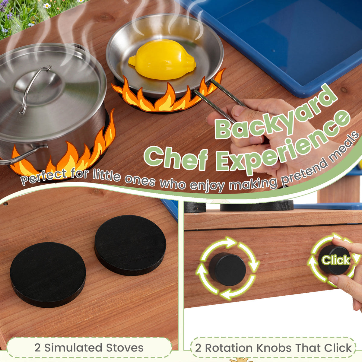 Kids Mud Kitchen with Planter Box and Sink and 13 Accessories for Ages 3+-Natural