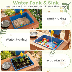 Kids Mud Kitchen with Planter Box and Sink and 13 Accessories for Ages 3+-Natural