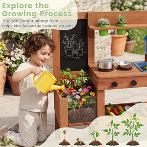 Kids Mud Kitchen with Planter Box and Sink and 13 Accessories for Ages 3+-Natural