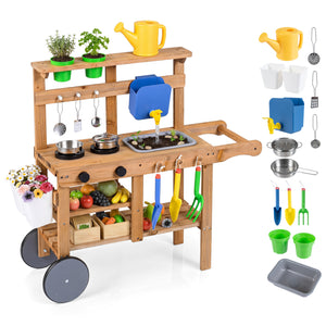 Kids Mud Kitchen with Water Tank and Sink and 15 Accessories for Ages 3+-Natural