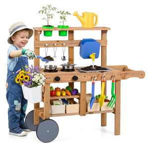 Kids Mud Kitchen with Water Tank and Sink and 15 Accessories for Ages 3+-Natural
