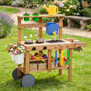 Kids Mud Kitchen with Water Tank and Sink and 15 Accessories for Ages 3+-Natural