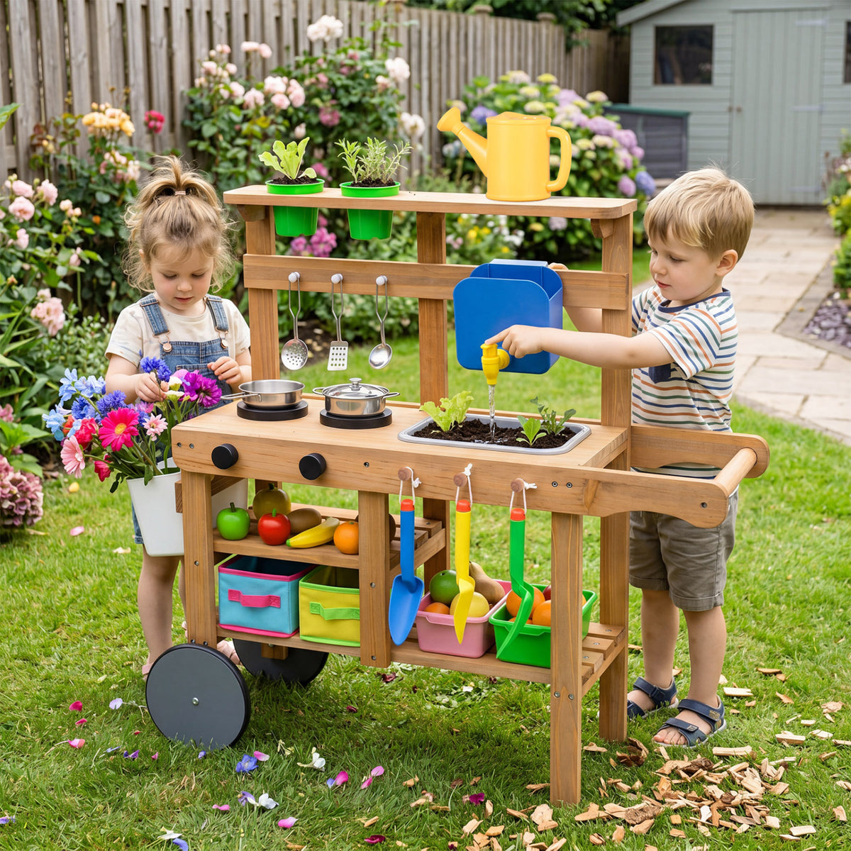 Kids Mud Kitchen with Water Tank and Sink and 15 Accessories for Ages 3+-Natural