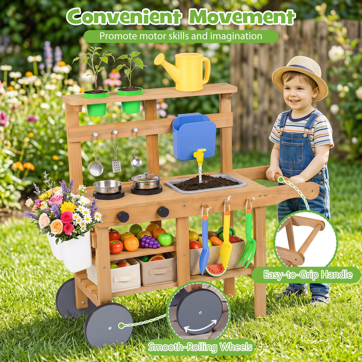 Kids Mud Kitchen with Water Tank and Sink and 15 Accessories for Ages 3+-Natural