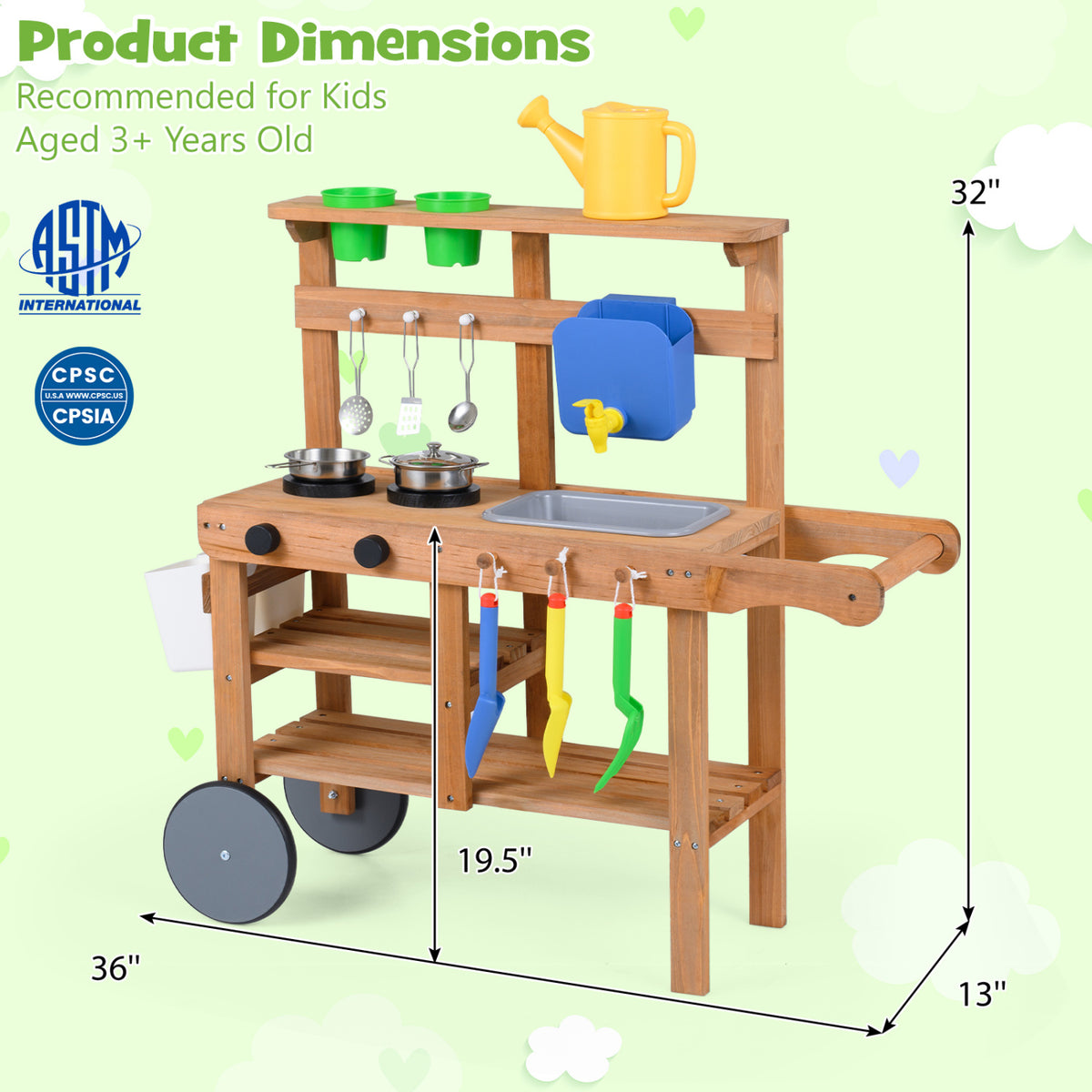 Kids Mud Kitchen with Water Tank and Sink and 15 Accessories for Ages 3+-Natural